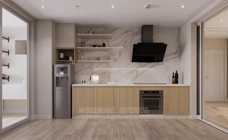 Tủ bếp gỗ công nghiệp MDF màu nâu sáng thiết kế nhiều ngăn hỗ trợ lưu chứa đồ đạc cho người nội trợ Thiết kế và sản xuất tủ bếp đẹp