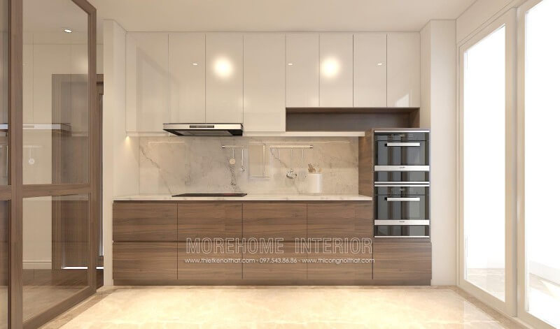 Thiết kế tủ bếp chữ i hiện đại được sử dụng chất liệu gỗ công nghiệp MDF lõi xanh, chịu ẩm, bề mặt cánh có sự kết hợp của Acrylic và Laminate mâng lại sự sang trọng cũng như độ bền cao Thiết kế tủ bếp đẹp