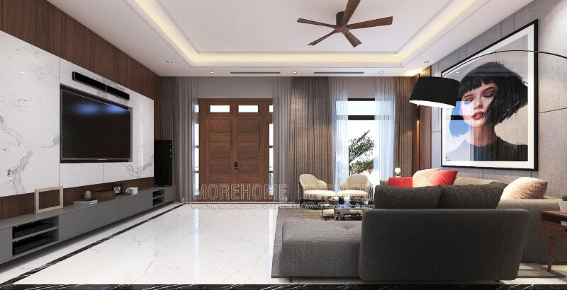 Trang trí nội thất phòng khách hiện đại đẹp, tinh tế từ đá ốp tường vân mây, tranh treo tường nghệ thuật cùng sofa hiện đại cao cấp. Thiết kế phòng khách biệt thự