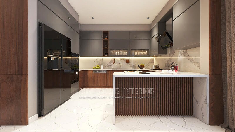 Tủ bếp gỗ acrylic đẹp sang trọng cho phòng bếp chung cư, nhà phố, biệt thự hiện đại. mẫu tủ bếp gỗ công nghiệp An Cường