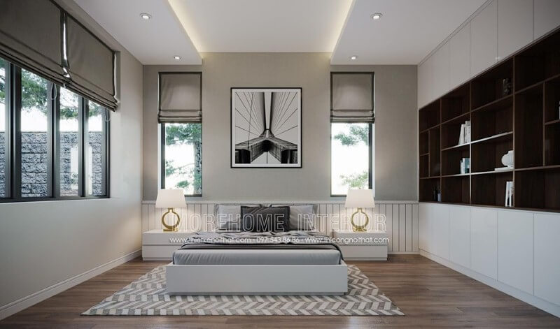 Trang trí nội thất phòng ngủ hiện đại đẹp sang trọng nổi bật với sắc trắng tinh tế. Thiết kế phòng ngủ biệt thự