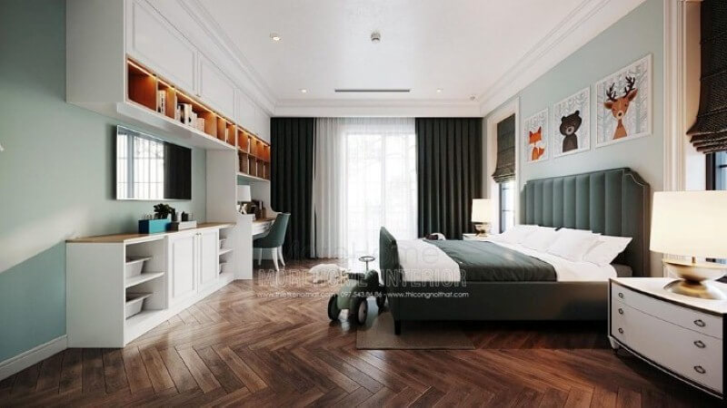 Bàn học liền kệ tivi, kệ trang trí đẹp cho phòng bé trai. Thiết kế phòng ngủ biệt thự