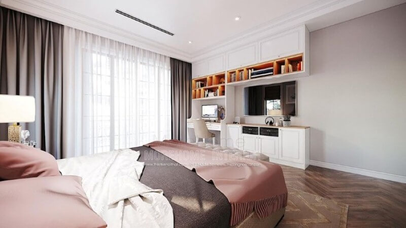Bàn học liền kệ trang trí, kệ tivi, tủ đựng đồ tạo không gian đẹp, liền mạch, tối giản diện tích nhưng lại đảm bảo công năng hiệu quả cho phòng con. Thiết kế phòng ngủ biệt thự