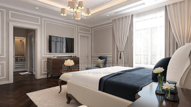 Thiết kế nội thất phòng ngủ tân cổ điển có tủ quần áo đối diện giường ngủ khoa học, phong thủy. Thiết kế phòng ngủ biệt thự