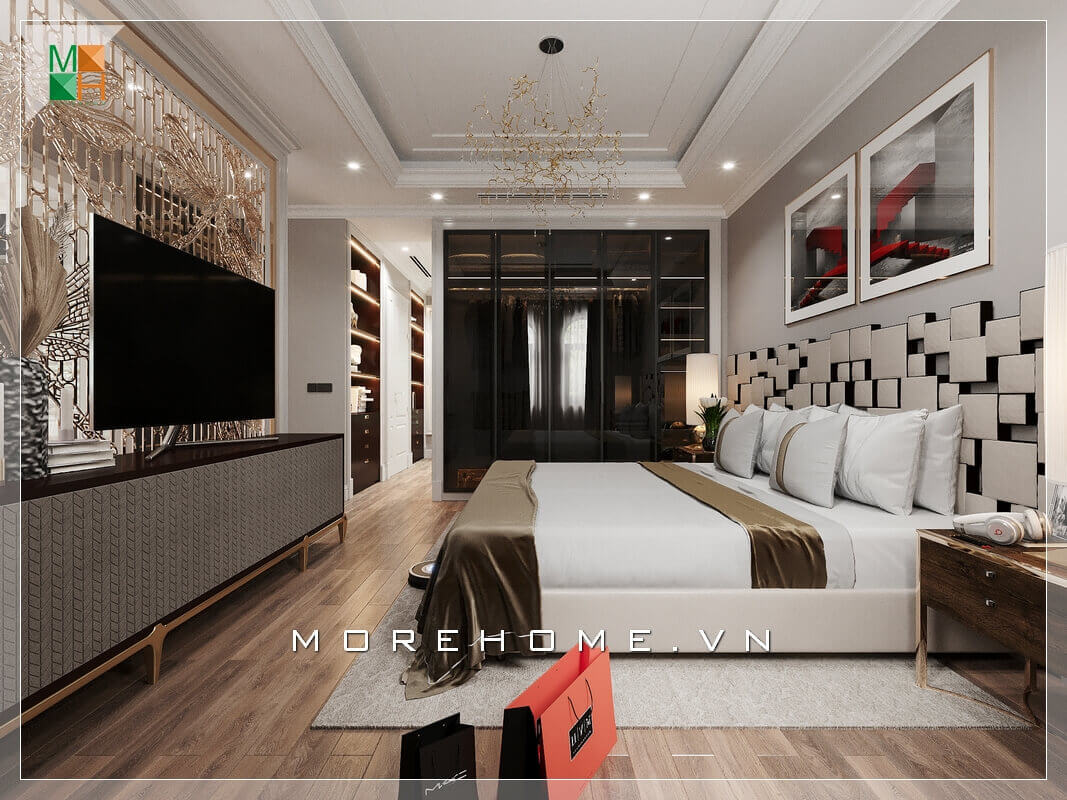 Tủ quần áo thiết kế âm tường cánh kính màu đen đẹp mắt và sang trọng. Thiết kế phòng ngủ biệt thự