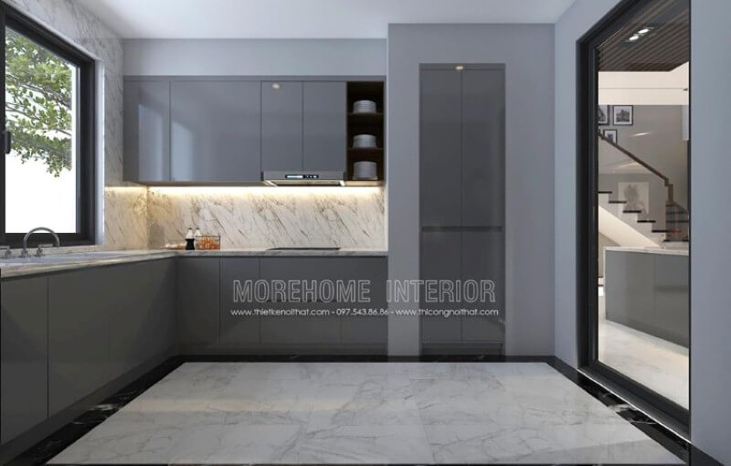 Tủ bếp hiện đại, sang trọng ấn tượng với chất liệu gỗ acrylic màu xám độc đáo. Tủ bếp đẹp