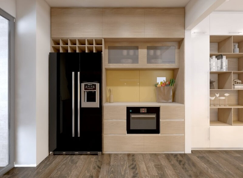 Thiết kế hệ tủ bếp gỗ đẹp tích hợp đa chức năng kết hợp tủ lạnh và lò vi sóng mang đến một không gian bếp lí tưởng Tủ bếp hiện đại, tủ bếp chữ u, tủ bếp chữ i, tủ bếp chữ l