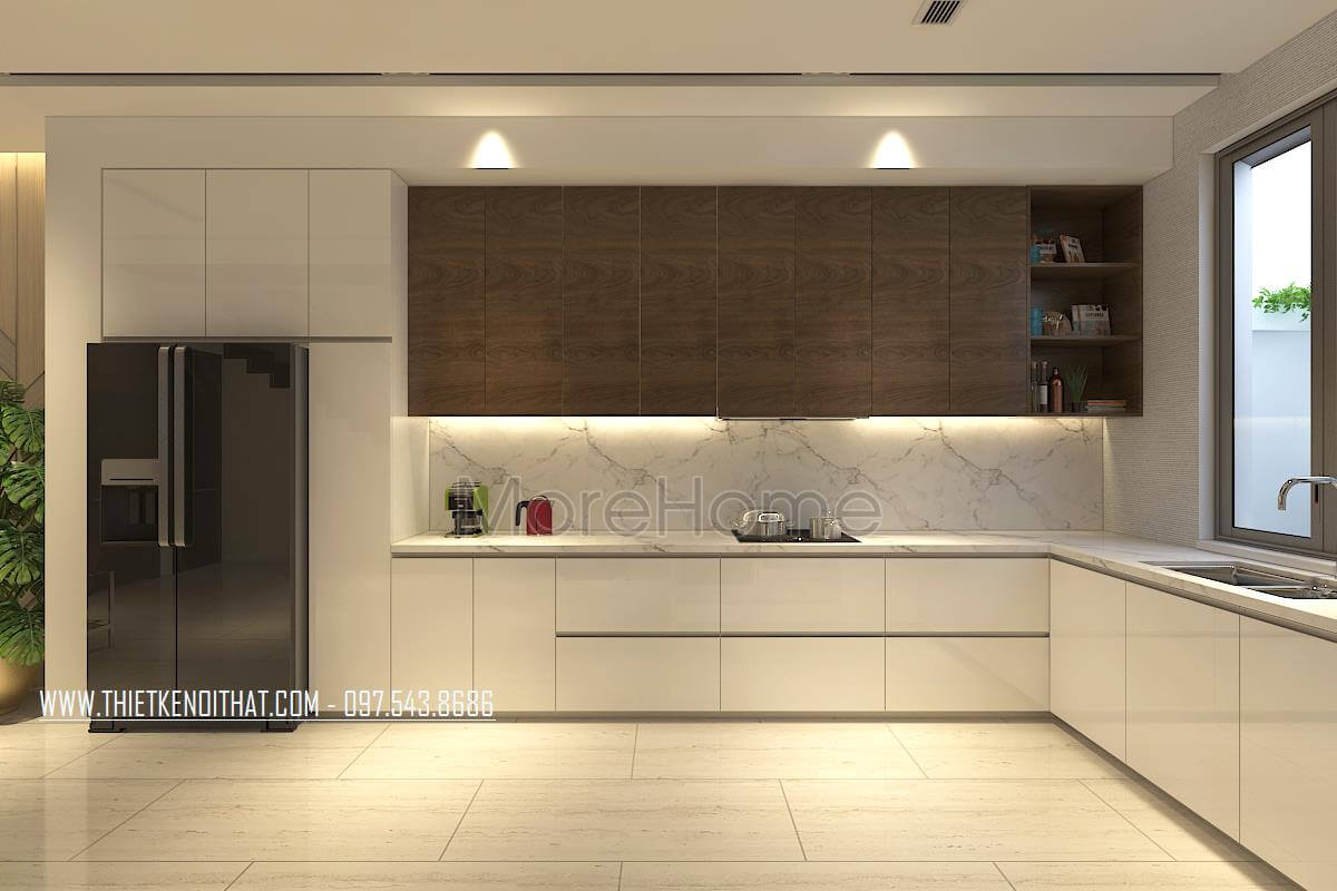 Mẫu tủ bếp chữ L gỗ công nghiệp sơn trắng đẹp hiện đại cho nhà phốchung cư Tủ bếp chữ L