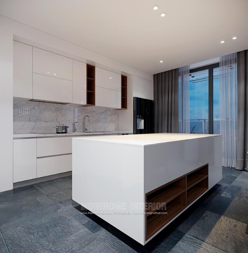 Tủ bếp hiện đại được thiết kế thông minh với ngăn tủ phân chia hợp lí tạo cho gia chủ thuận tiện hơn trong quá trình nấu nướng và sử dụng mẫu tủ bếp gỗ công nghiệp An Cường