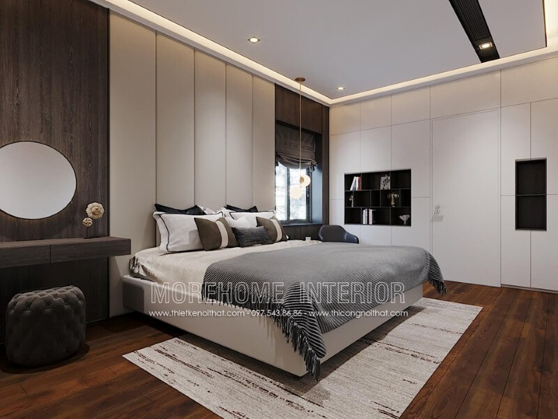 Sắp xếp nội thất phòng ngủ màu trắng đẹp ấn tượng với cách phối màu khéo léo. Thiết kế phòng ngủ biệt thự
