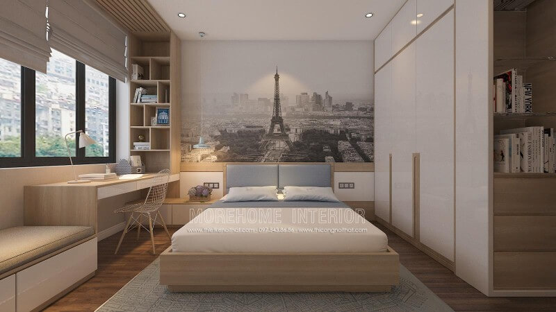 Tranh dán tường đen trắng sang trọng ấn tượng với địa danh tháp Effel nổi tiếng, lựa chọn ấn tượng cho tâm điểm phòng ngủ hiện đại. Thiết kế phòng ngủ biệt thự