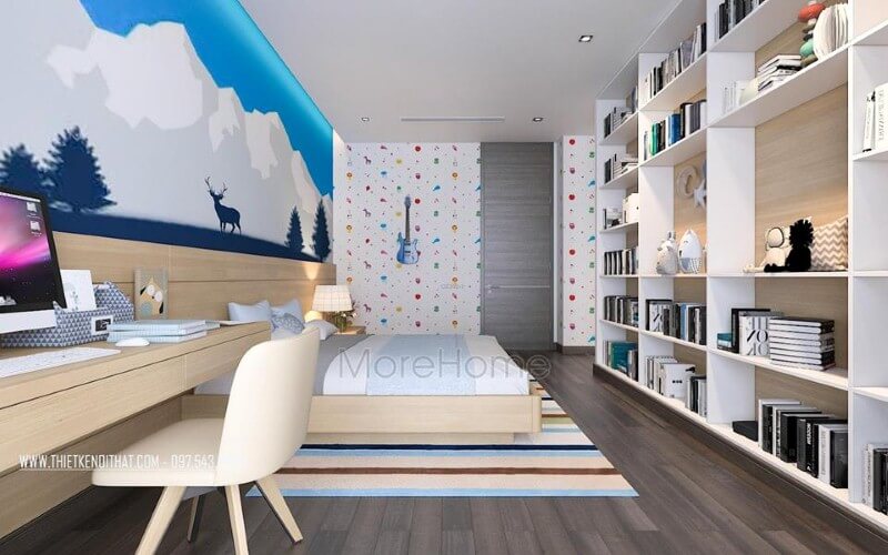 Bố trí nội thất phòng ngủ con đẹp, sinh động với tranh, giấy dán tường bắt mắt. Thiết kế phòng ngủ biệt thự