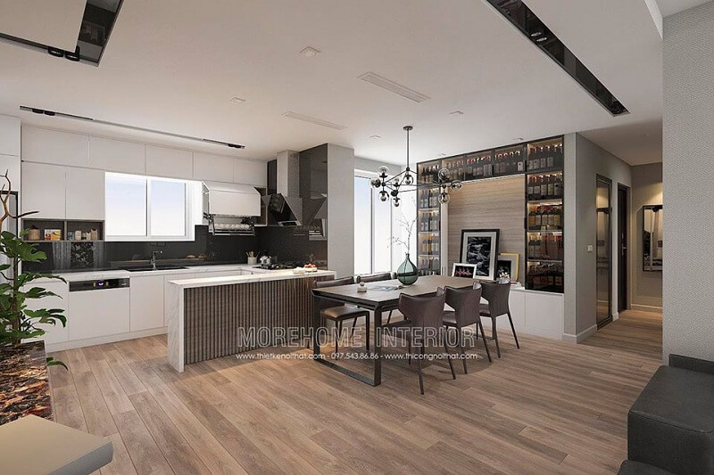 Thiết kế nội thất phòng bếp đẹp với hệ tủ bếp acrylic thông minh cùng bộ bàn ăn gỗ cao cấp cho căn hộ chung cư thêm sang trọng, đẳng cấp Thiết kế phòng bếp, tủ bếp đẹp
