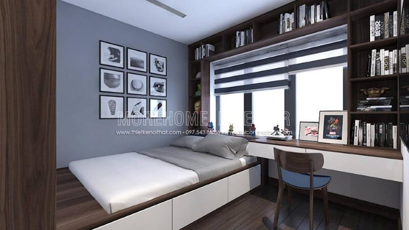 Kệ trang trí liền bàn học độc đáo với ý tưởng tạo các ngăn lưu trữ tận dụng tối đa diện tích nhưng vẫn đảm thông thoáng cho phòng con. Thiết kế chung cư