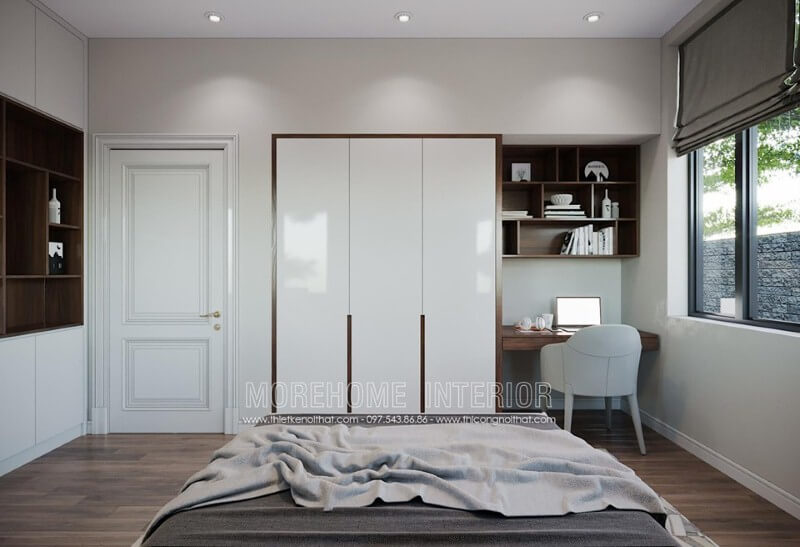 Góc học tập được bố trí đơn giản đẹp cho phòng ngủ. Thiết kế nội thất phòng ngủ biệt thự