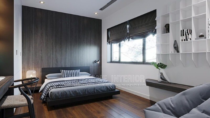 Gỗ ốp tường tối màu cùng đường vân độc đáo tạo vẻ đẹp sang trọng cuốn hút trong phòng ngủ master hiện đại. Thiết kế nội thất phòng ngủ biệt thự