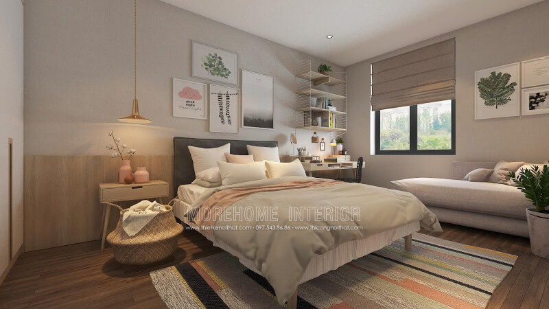 Gạch giả gỗ ốp tường cùng cách thiết kế hiện đại, độc đáo đã tạo nên phòng ngủ trẻ trung, sinh động. Thiết kế nội thất phòng ngủ biệt thự
