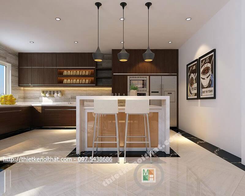 Mẫu tủ bếp gỗ công nghiệp màu nâu với thiết kế dài chữ L cho phòng bếp mang đến sự tiện nghi cho người nội trợ Thiết kế và sản xuất tủ bếp đẹp