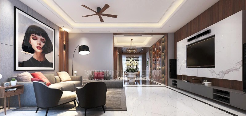 Thiết kế nội thất phòng khách ấn tượng với thiết kế mở, hiện đại tạo nên không gian thông thoáng, đẹp mắt. Thiết kế phòng khách nhà phố
