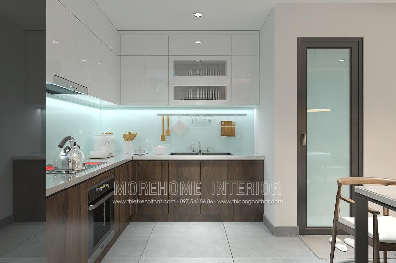 Bố trí tủ bếp chữ L hiện đại, các ngăn tủ được phân chia hợp lí giúp gia chủ thuận tiện hơn trong việc lưu trữ vật dụng nhà bếp và nấu nướng. Tủ bếp hiện đại, tủ bếp chữ u, tủ bếp chữ i, tủ bếp chữ l