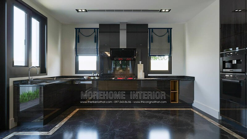 Mẫu tủ bếp biệt thự này được phân chia thành hai phần công năng tách biệt đó là: phần khu vực đặt bếp điện từ (khu vực nóng) và khu vực bồn chậu rửa chế biến thực phẩm. Thiết kế và sản xuất tủ bếp đẹp