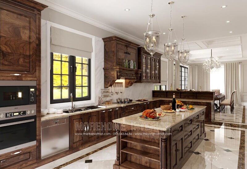 Tủ bếp gỗ óc chó tân cổ điển được thiết kế từ chất liệu gỗ tự nhiên nhập khẩu dành riêng cho biệt thự, chung cư cao cấp Tủ bếp đẹp, tủ bếp đẹp hiện đại, tủ bếp An Cường, tủ bếp cao cấp