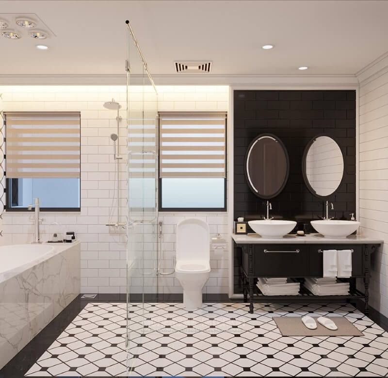 Mẫu gạch lát nền phòng tắm họa tiết trắng đen mang đến cảm giác dễ chịu, sảng khoái cho người nhìn Đá ốp lavabo