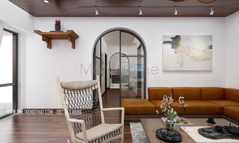 Phòng khách biệt thự, nhà phố mang vẻ đẹp hiện đại sang trọng với thiết kế sofa góc khối vuông vắn được bọc da nâu cao cấp đầy ấn tượng.