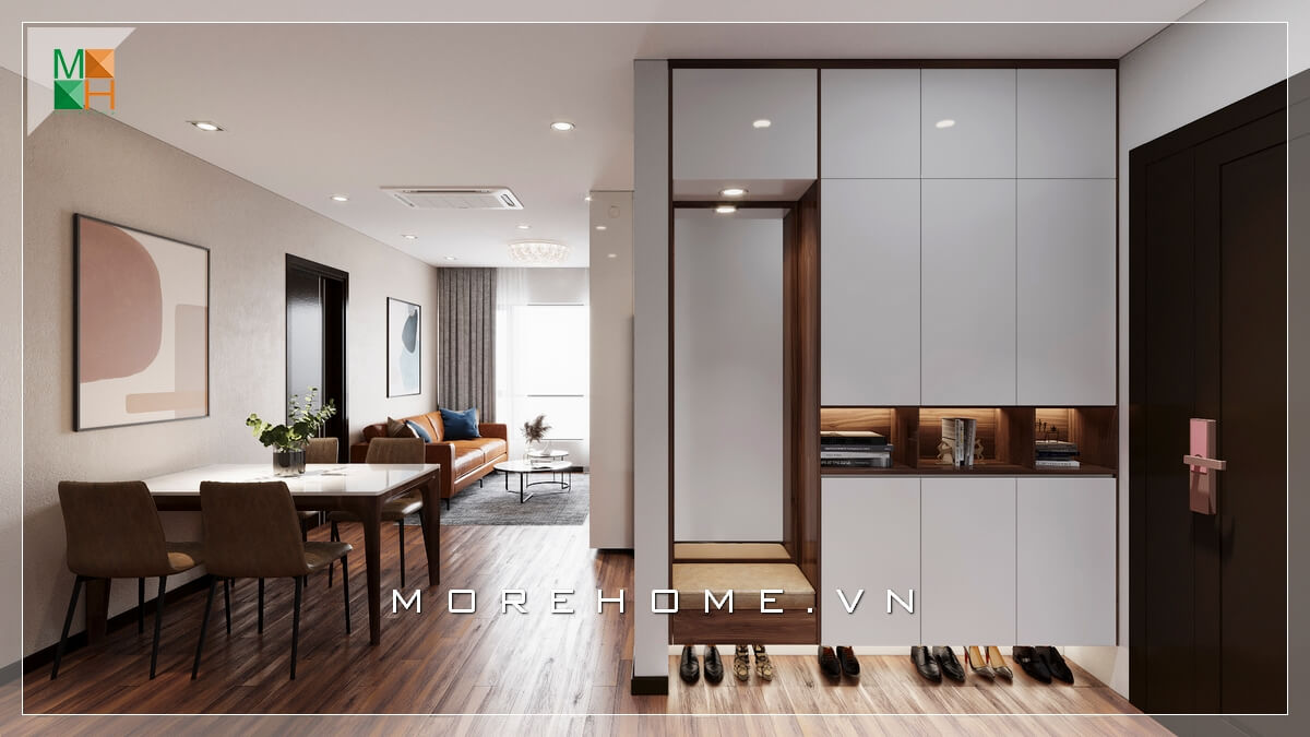 Mẫu tủ quần áo gỗ kết hợp giá để giầy hiện đại thiết kế kịch trần âm tường tối giản diện tích không gian nhà phố, chung cư.