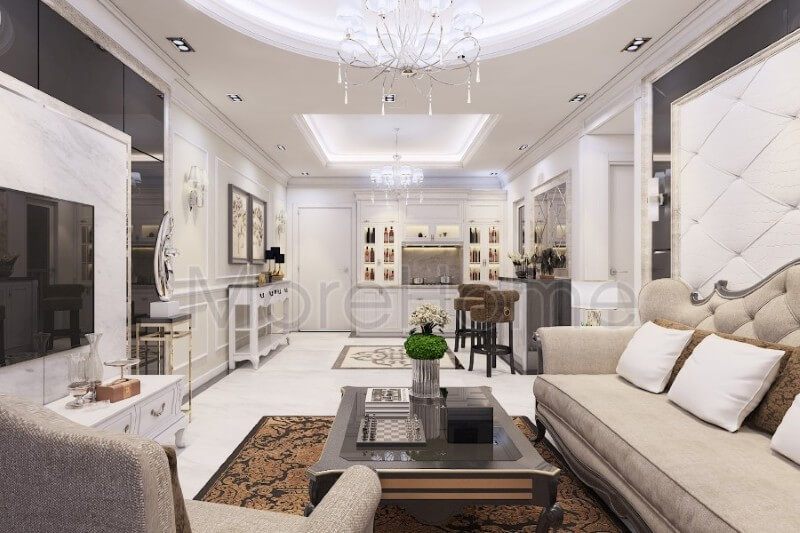 Bộ sofa bọc nỉ khá đơn giản nhưng vẫn là điểm nhấn chính trong không gian phòng khách. Sự tối giản của bộ sofa chữ i và một chiếc sofa đơn tạo hiệu ứng không gian tiếp khách thêm phần sang trọng và rộng lớn hơn