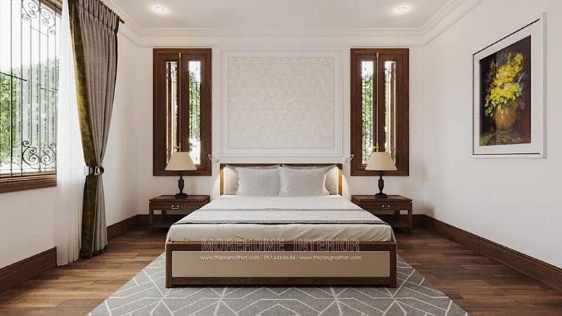 Trang trí nội thất phòng ngủ biệt thự đẹp với giường ngủ gỗ tự nhiên, tranh treo tường...