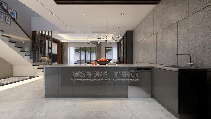 Thông thường bạn sẽ thấy khu vực bàn đảo sẽ nằm trong phòng bếp để có thể đáp ứng kịp thời nhu cầu ngay trong phòng bếp, điều này đòi hỏi phòng bếp phải khá rộng, nhưng nếu hẹp về bề ngang bạn vẫn có thể sở hữu không gian bếp đảo tuyệt đẹp như trong ý tưởng trang trí nội thất tại biệt thự Parkcity bởi Nội thất Morehome.