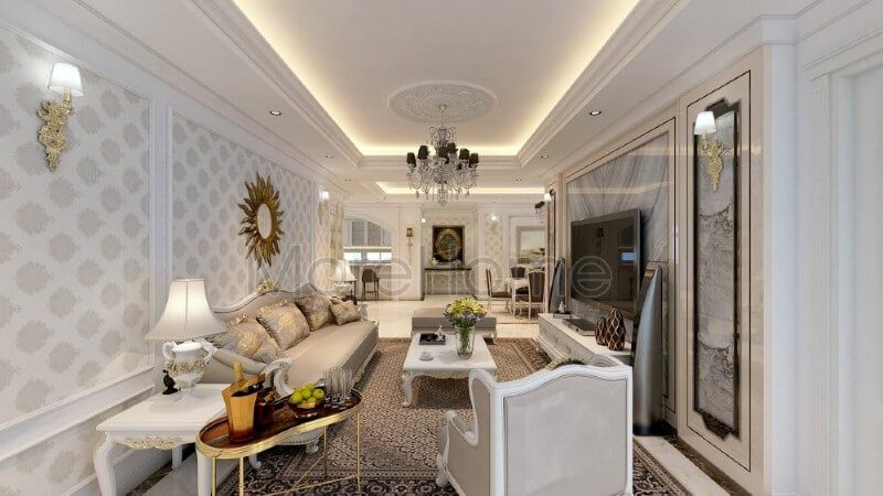 Trang trí nội thất phòng khách chung cư đẹp hơn với tone màu trắng sáng được sử dụng tạo điểm nhấn cho các đường nét trạm khắc tinh xảo và khéo léo.