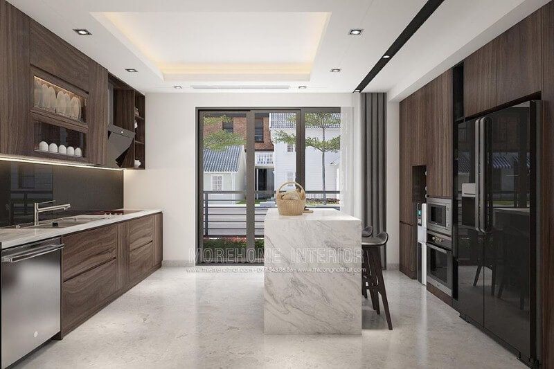 Trang trí phòng bếp đảo đẹp từ gỗ veneer cao cấp.