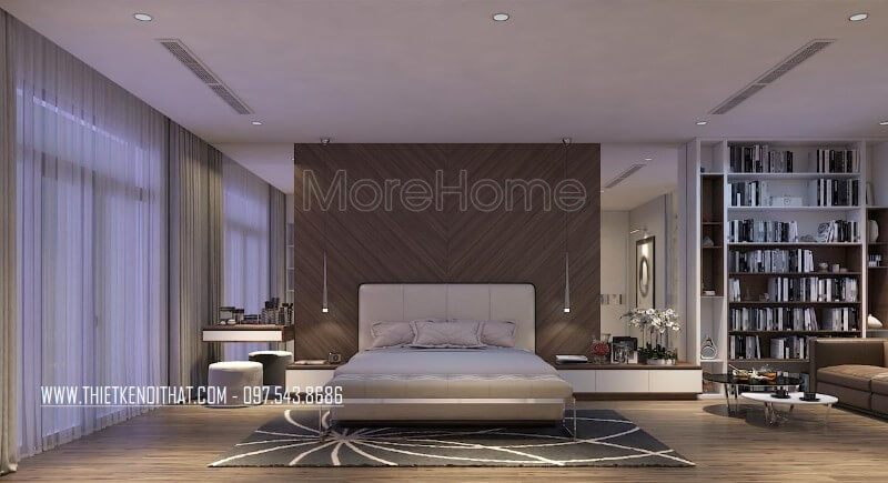 Mẫu giường ngủ có tap bọc da cao cấp với tông màu trắng hiện đại là điểm nhấn cho không gian phòng ngủ