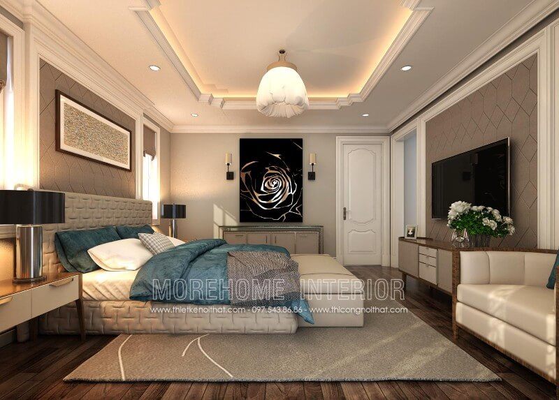 Mẫu giường ngủ bọc da với các chi tiết lạ mắt kết hợp với chiếc đôn sofa được bố trí dưới phía cuối giường vừa tạo sự đồng bộ, vừa mang lại sự tiện nghi cho gia chủ trong quá trình sử dụng