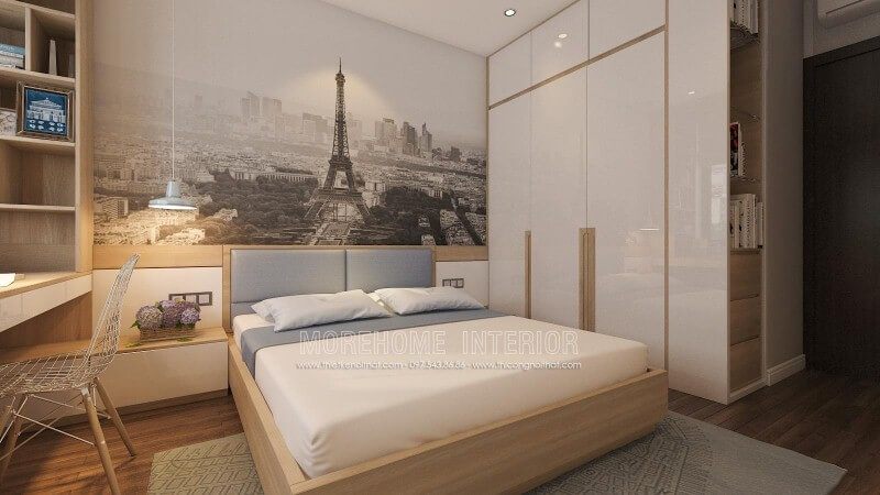Ý tưởng sáng tạo trong trang trí nội thất phòng ngủ nhỏ nhưng tiện ghi với tab đầu giường làm kệ trang trí, tủ quần áo lồng với kệ để đồ cùng đèn thả ấn tượng giúp không gian phòng ngủ luôn đẹp và thông thoáng.