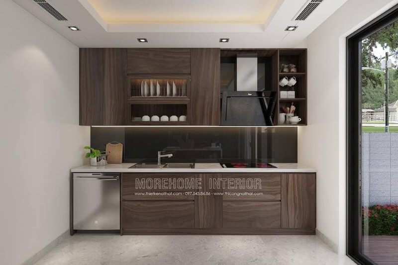 Tủ bếp có máy rửa bát được bố trí khá hợp lý để tạo nên không gian bếp đẹp, hiện đại, khoa học.