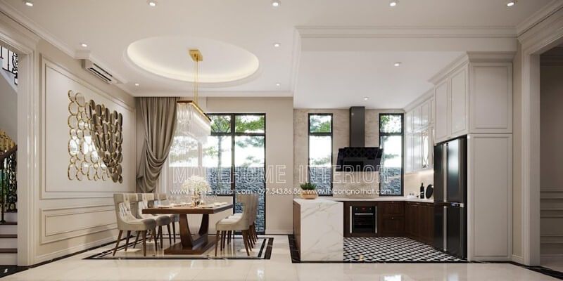 Bố trí nội thất mở sang trọng từ phòng ăn liền bếp không vách ngăn.