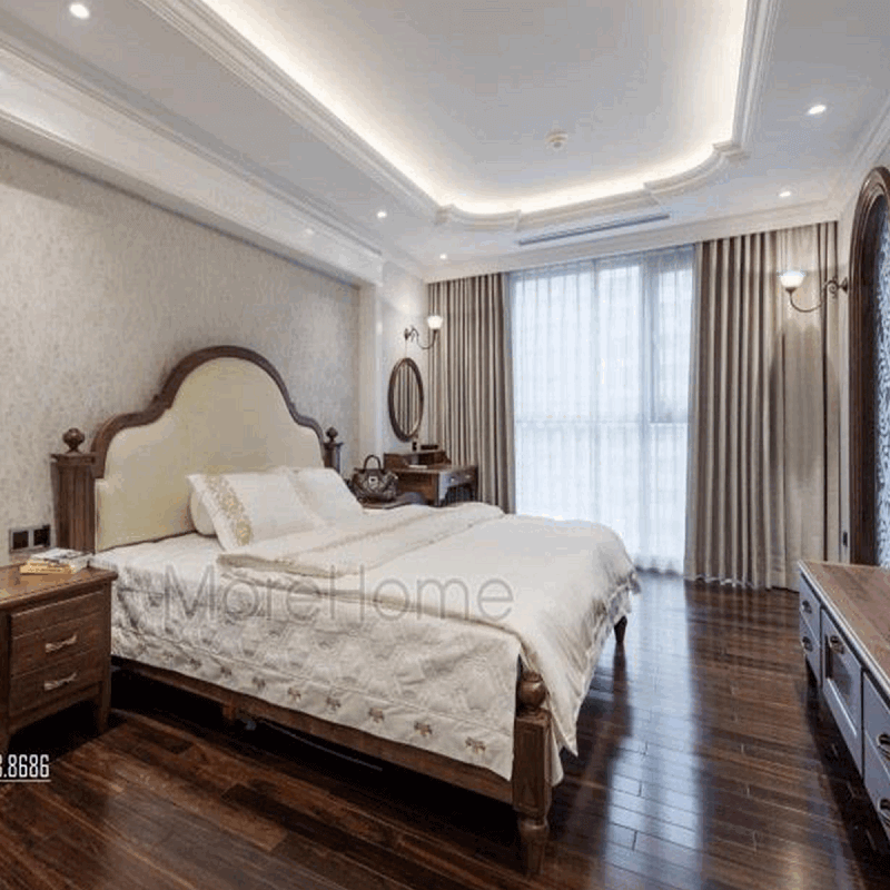 Mẫu thiết kế giường ngủ gỗ tự nhiên màu nâu trầm cao cấp với đầu giường cách điệu mang đến vẻ đẹp sang trọng cho căn phòng ngủ gia đình bạn.