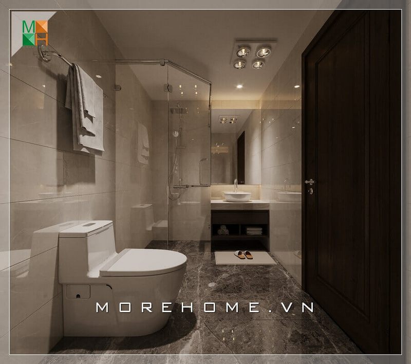 Mẫu thiết kế phòng tắm nhỏ gọn nhưng đầy đủ tiện nghi nhờ sự bố trí nội thất hợp lý, phù hợp cho chung cư, nhà phố, biệt thự phong cách hiện đại