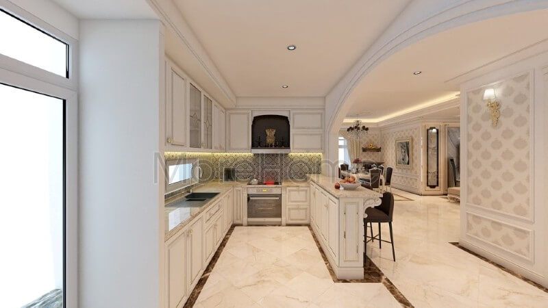 Mẫu thiết kế phòng bếp chung cư phong cách tẩn cổ điển được bố trí liền kề không hề có vách ngăn mang đến sự thuận tiện và linh hoạt cho không gian sống.