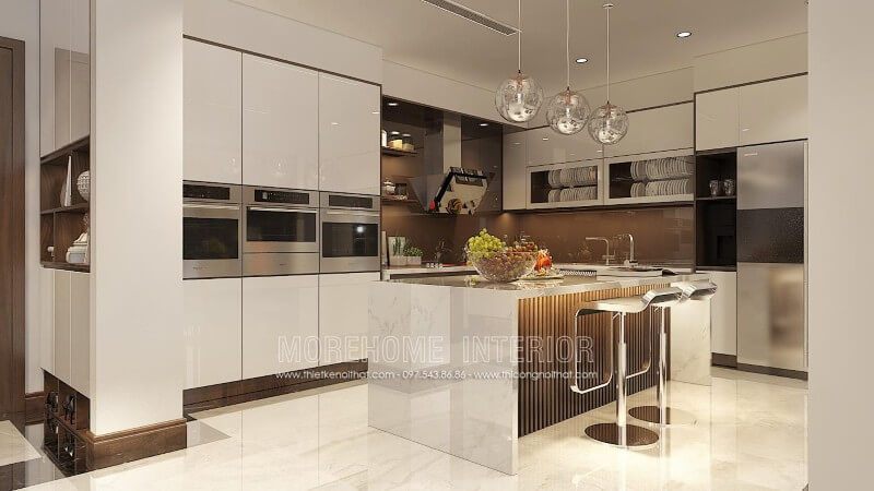 Mẫu tủ bếp Acrylic phủ bóng gương đang là một trong những sản phẩm được ưa chuộng nhất hiện nay trên thị trường Việt