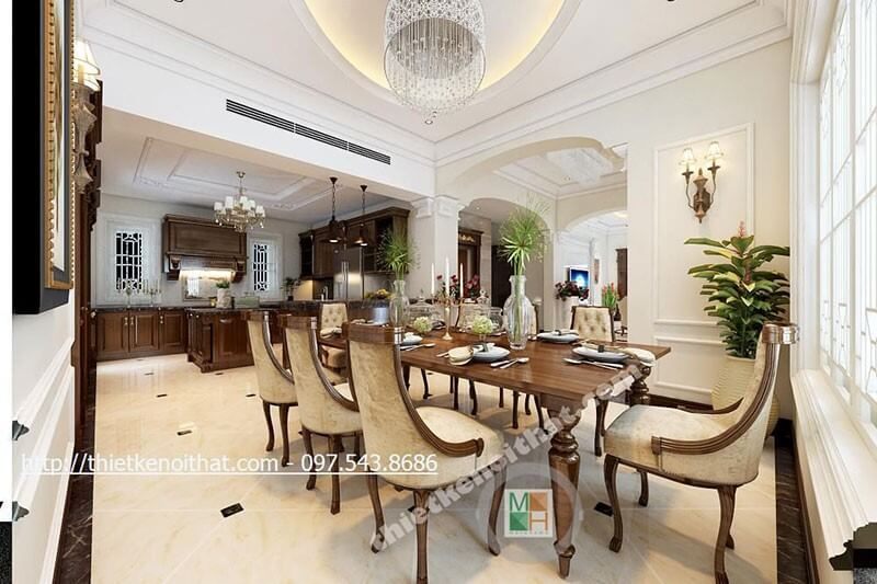 Mẫu bàn ăn gỗ tự nhiên với tone màu nâu trầm cho phòng ăn sang trọng, ấm cúng