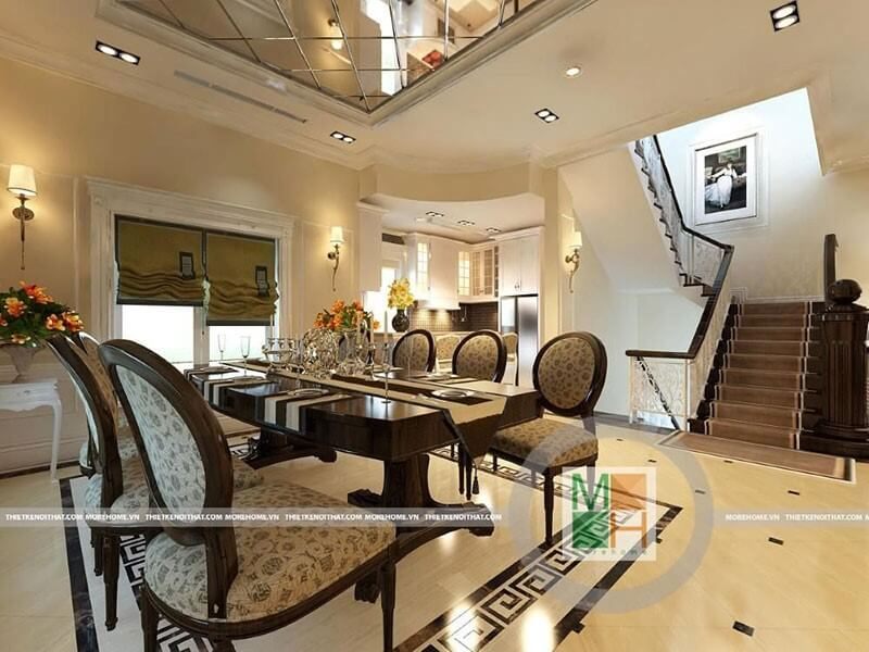 Mẫu bàn ăn tân cổ điển tone màu trầm của gỗ tự nhiên kết hợp họa tiết tân cổ điển sang trong cho phòng ăn đẳng cấp
