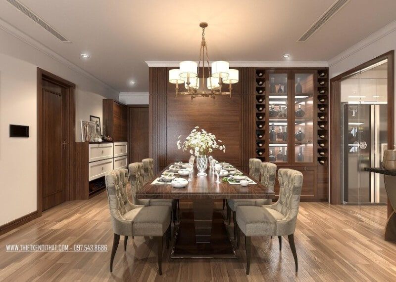Bộ bàn ghế ăn cao cấp được thiết kế không quá lớn nhưng lại tạo ấn tượng mạnh bởi các đường cong và thiết kế đậm chất châu Âu cổ