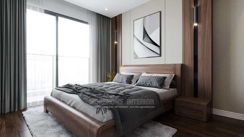 Thiết kế nội thất phòng ngủ chung cư Imperia Sky Garden đẹp với mẫu giường ngủ gỗ óc chó cao cấp