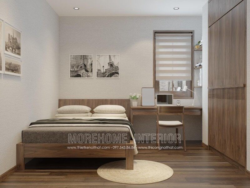 Mẫu giường ngủ chung cư hiện đại gỗ óc chó sang trọng, phần chân thấp mang lại cho không gian thêm nhẹ nhàng và thoáng đãng hơn