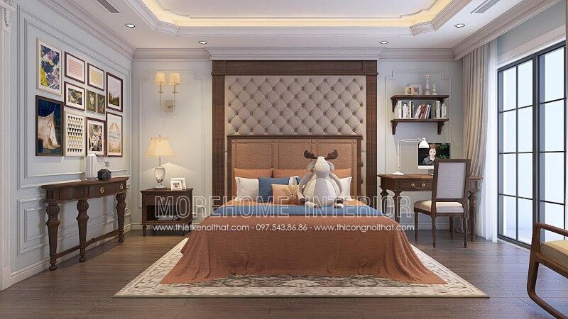 Mẫu giường ngủ trẻ em khung gỗ óc chó, đầu giường bọc vải cao cấp, vách đầu giường ốp khung gỗ óc chó tân cổ điển, bọc đệm da sang trọng