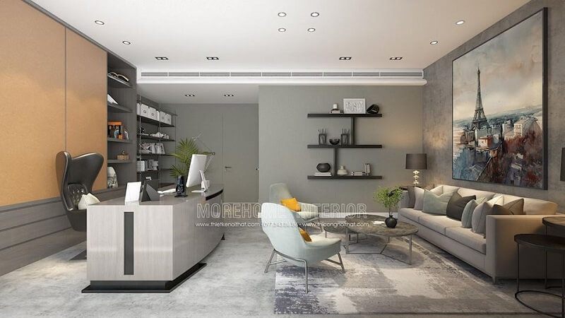 Nội thất với phòng giám đốc đẹp với bộ sofa da màu kem hiện đại kết hợp bức tranh nghệ thuật đẹp tạo điểm nhấn được đáo cho căn phòng